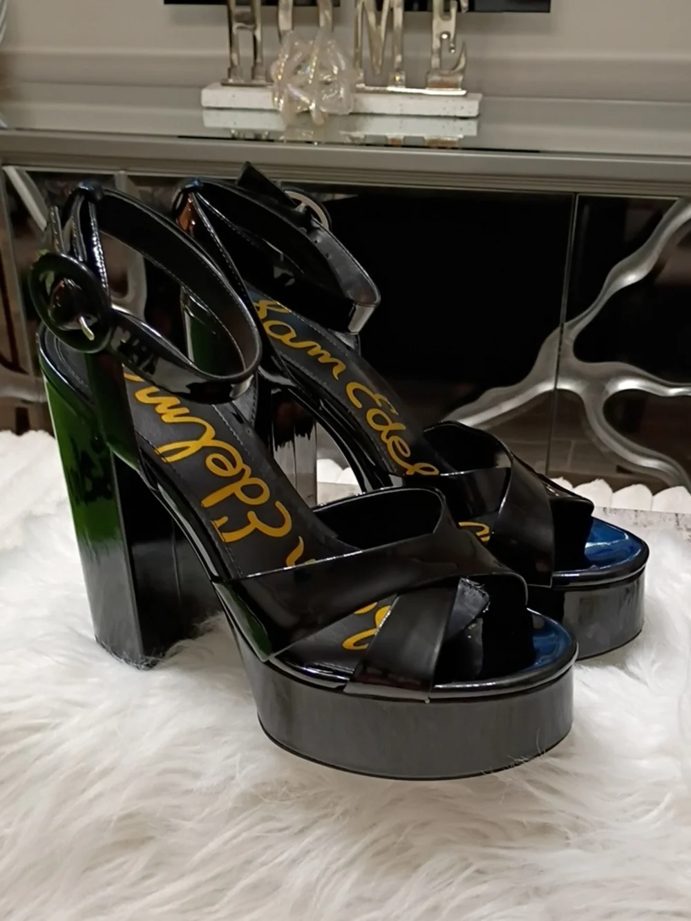 New Sam Edelman Savannah Black Patent Platform Block-Heel Sandals 10